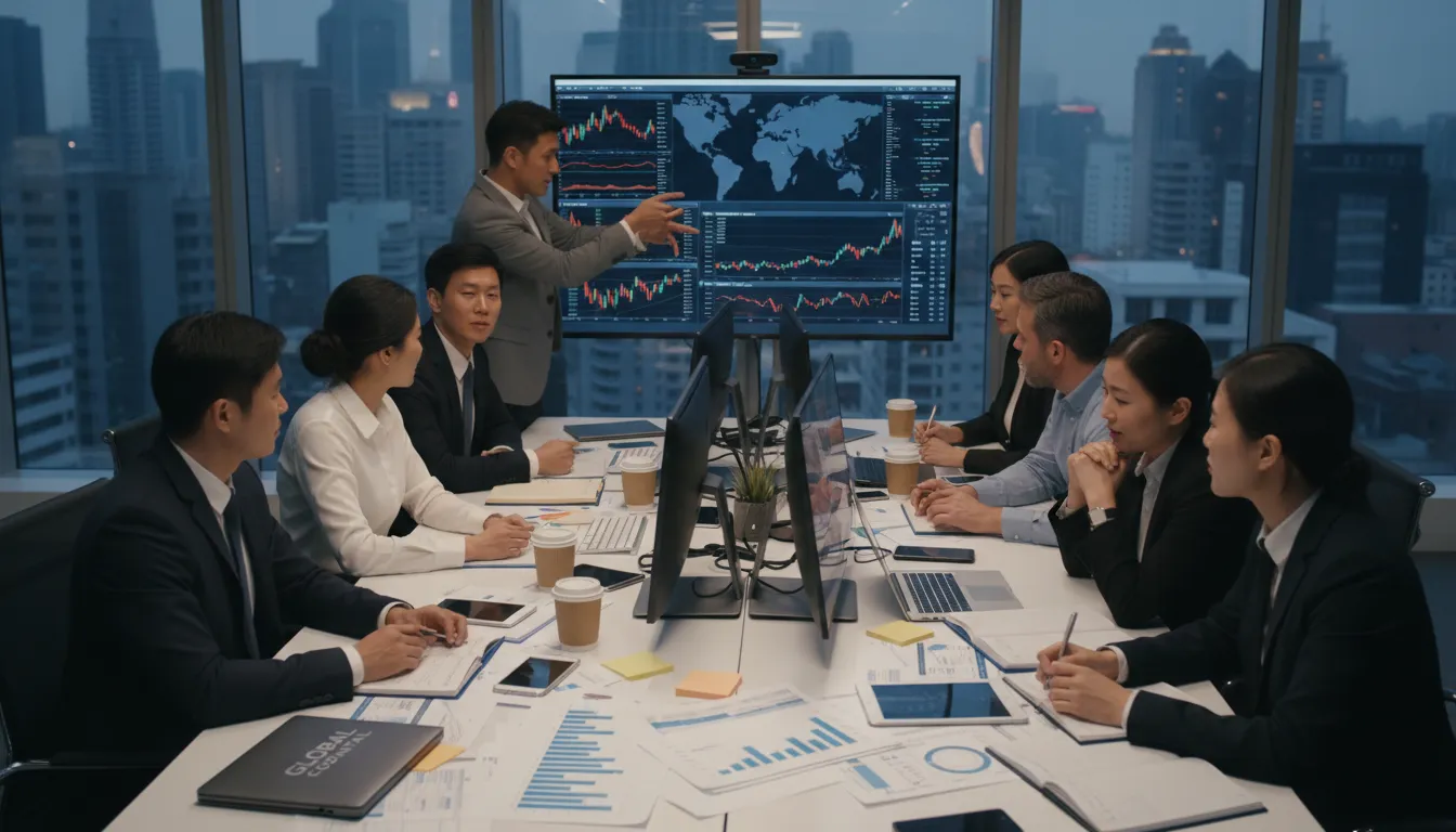 Equipe internacional de especialistas gerindo manutenção e compliance de empresas offshore.