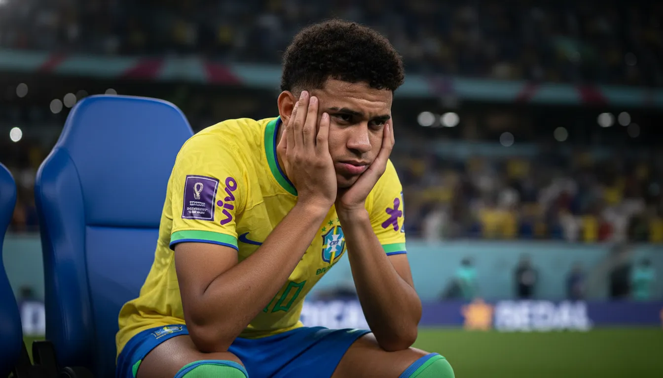 Endrick pensativo no banco durante jogo da copa do mundo 2026, refletindo sobre a partida.