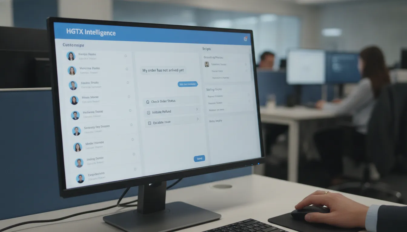 Interface digital mostrando scripts e respostas padronizadas para atendimento, otimizando a comunicação com clientes.