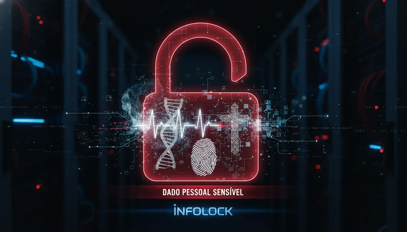 Cadeado digital vermelho protegendo dados pessoais sensíveis: DNA, saúde, religião, biometria. Sinaliza proteção vital de dado pessoal sensível.