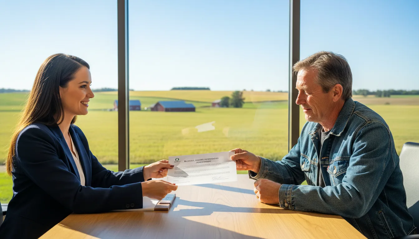 Gerente bancário entrega acordo de prorrogação de dívida a agricultor, com lavoura ao fundo pela janela.