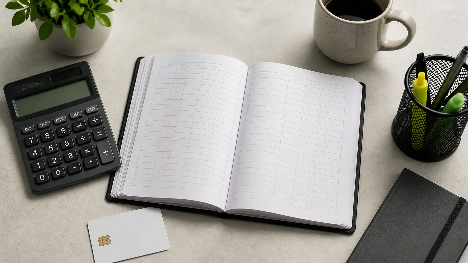 Mesa de planejamento para organizar despesas após usar limite do cartão com calculadora e notas.