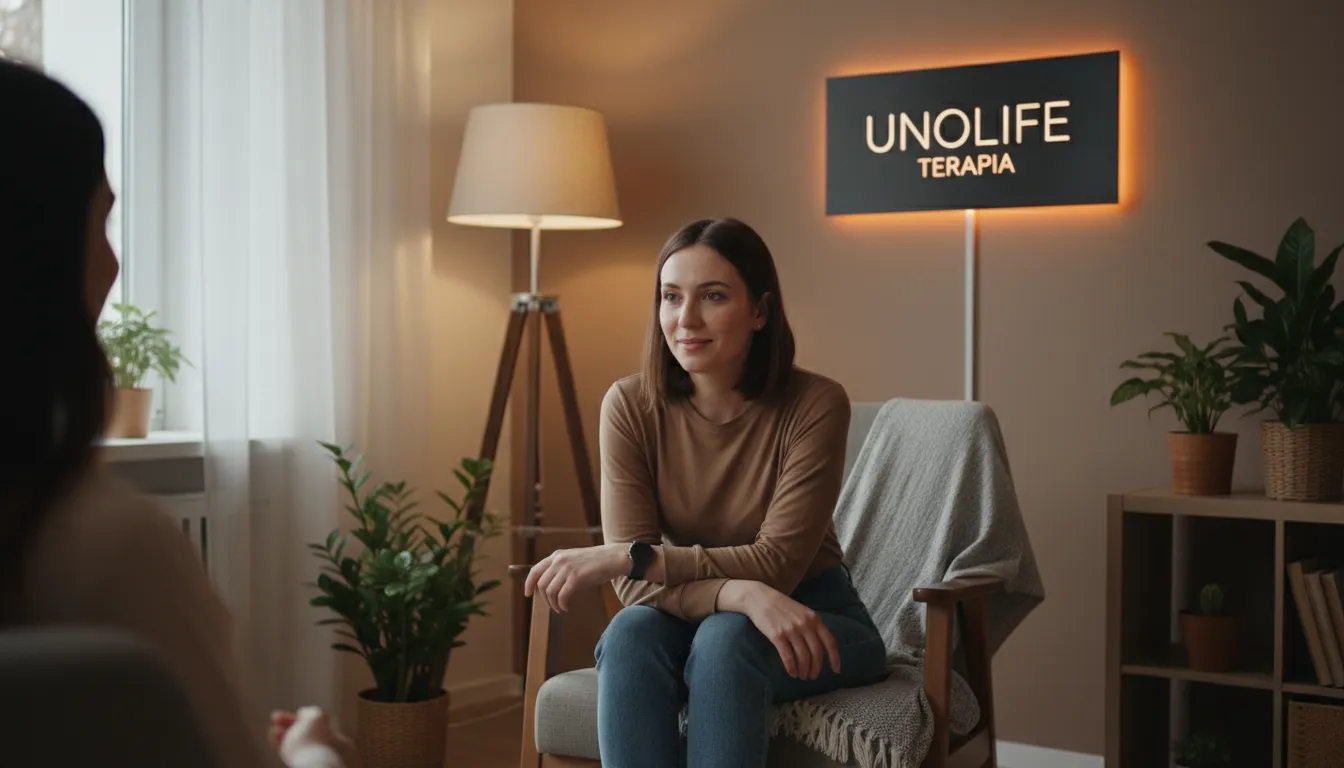 Um terapeuta em um ambiente de escritório acolhedor, ouvindo atentamente um paciente. Unolife facilita o acesso à terapia e meditação para o bem-estar emocional.