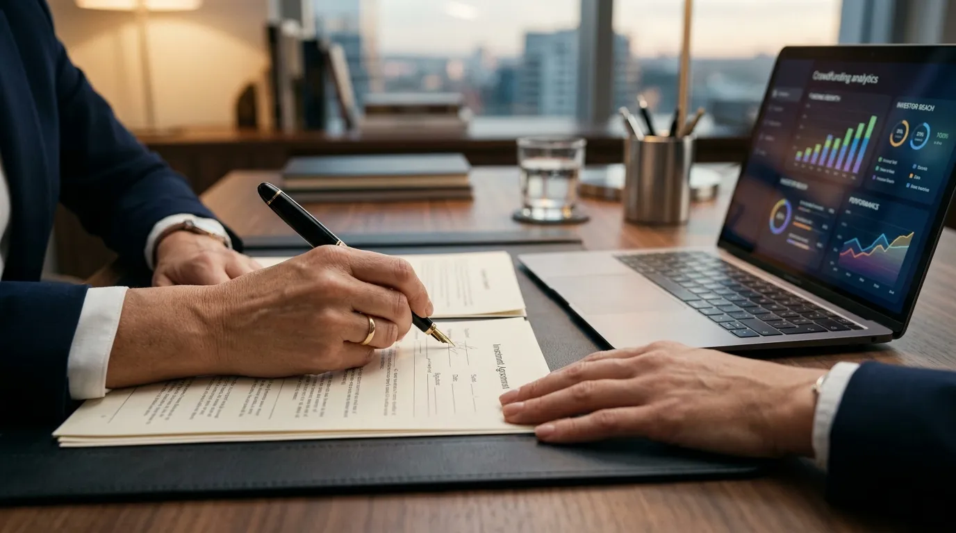 Contrato jurídico para projetos de crowdfunding no Brasil sobre mesa executiva.