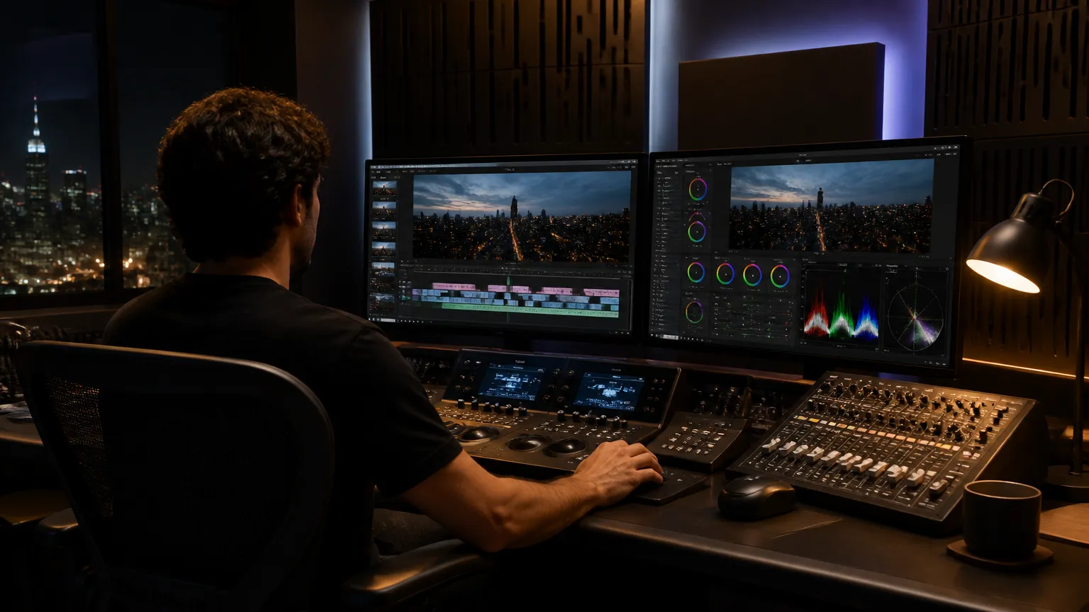 Ilha de edição e pós-produção audiovisual de produtora de vídeo em São Paulo com monitores profissionais.