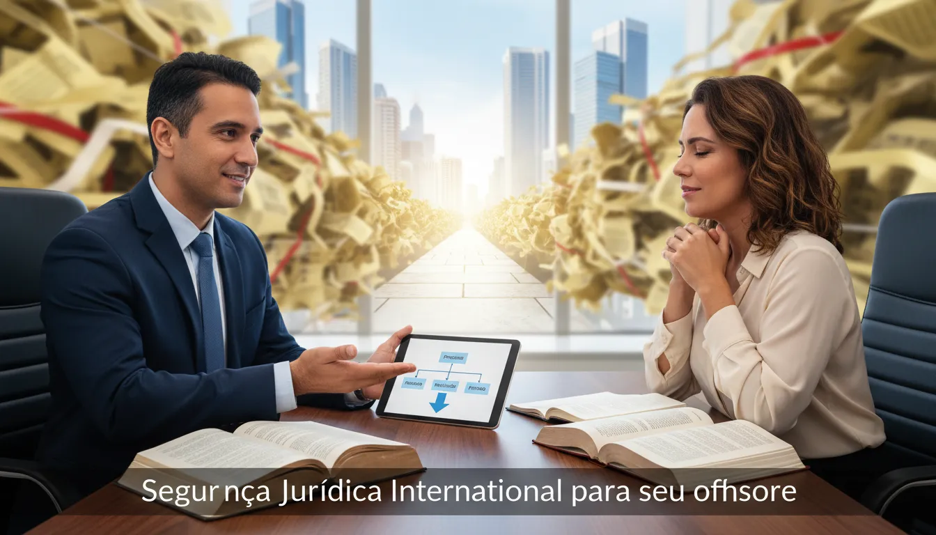 Advogado explicando complexidades do direito internacional, oferecendo clareza sobre investimentos e estruturas offshore brasil.
