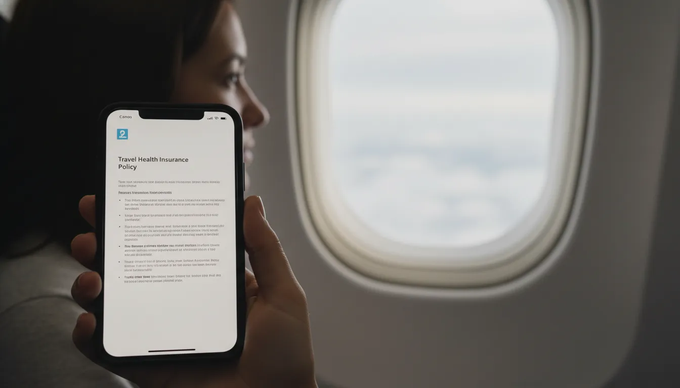 Mão segurando smartphone com apólice digital de seguro saúde viagem, mostrando facilidade de acesso a cobertura.