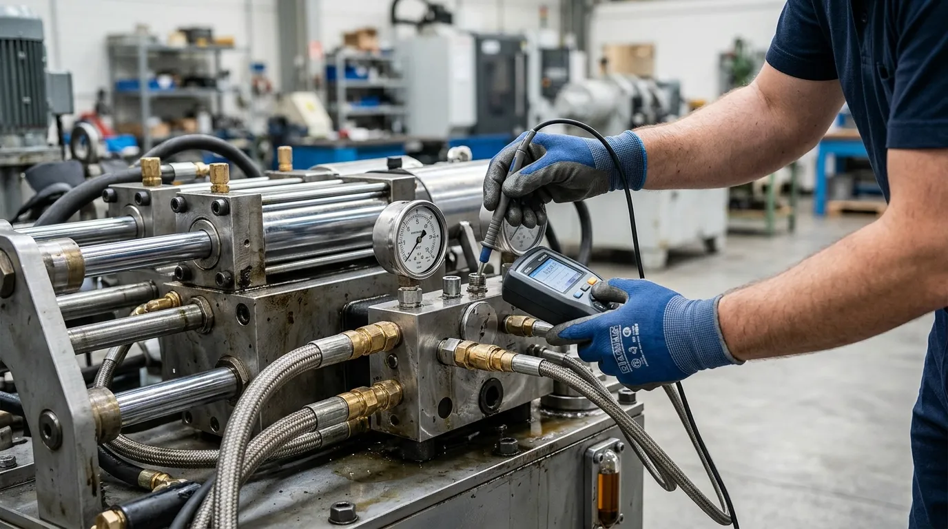 Inspeção técnica detalhada de sistema de manutenção hidráulica industrial em linha de produção.