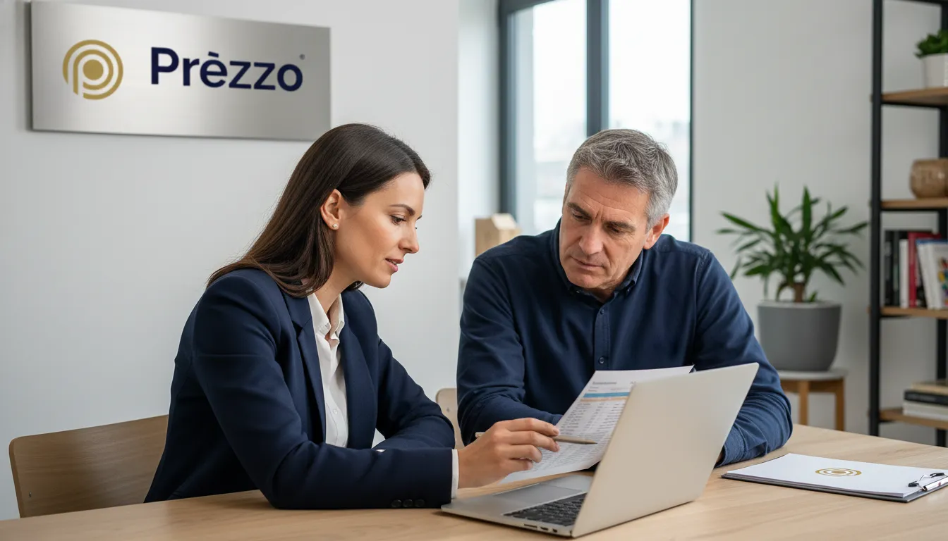 Contadora da Prezzo Contábil explicando relatórios financeiros a um administrador, reforçando a assessoria em Contabilidade para Escolas.