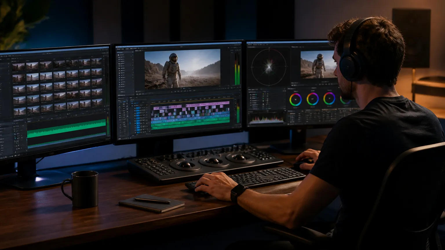 Edição de vídeo técnica em ilha profissional de produção audiovisual para negócios.