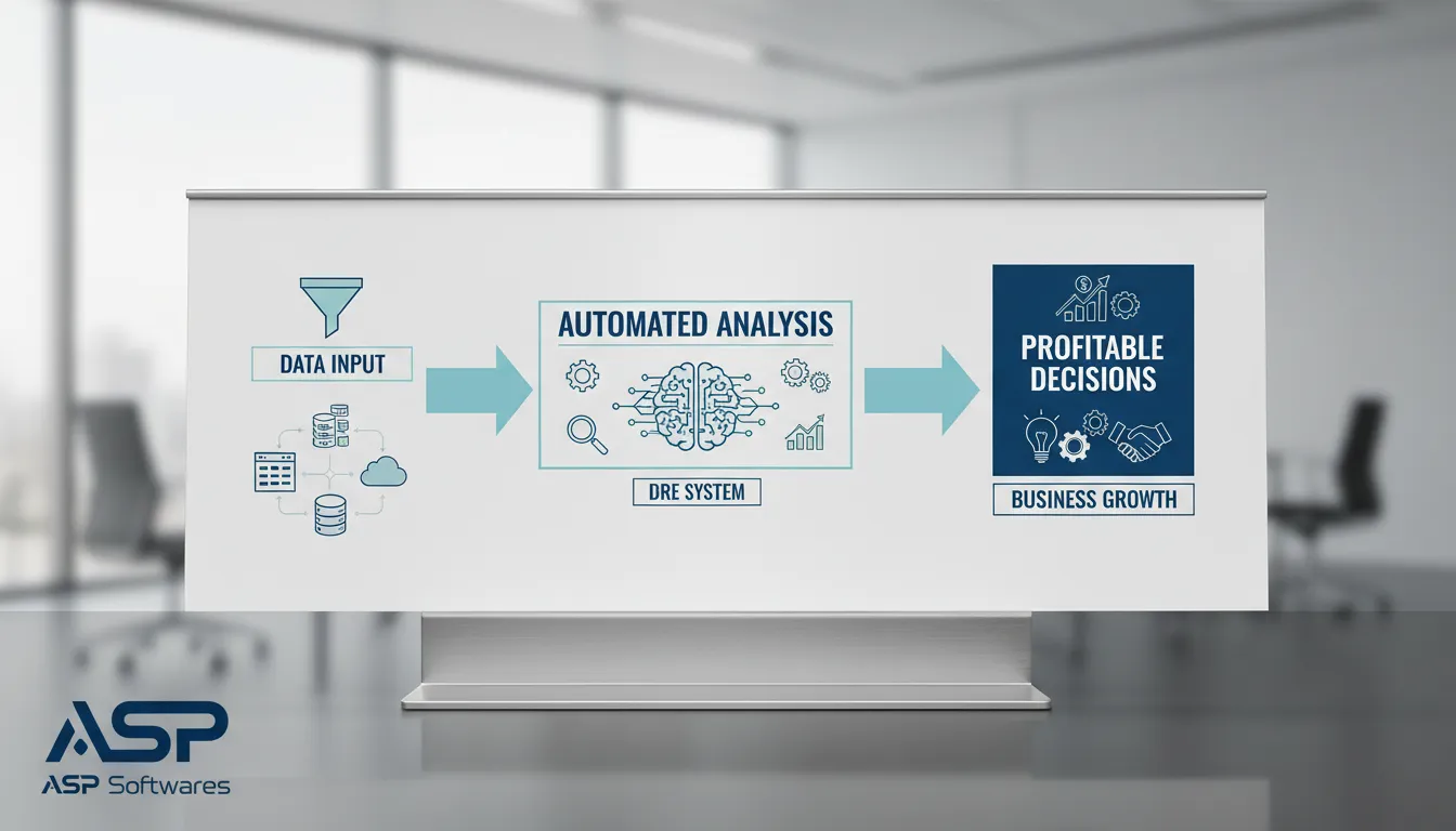 Infográfico da ASP Softwares demonstrando como a dre automatizada transforma dados em decisões lucrativas.