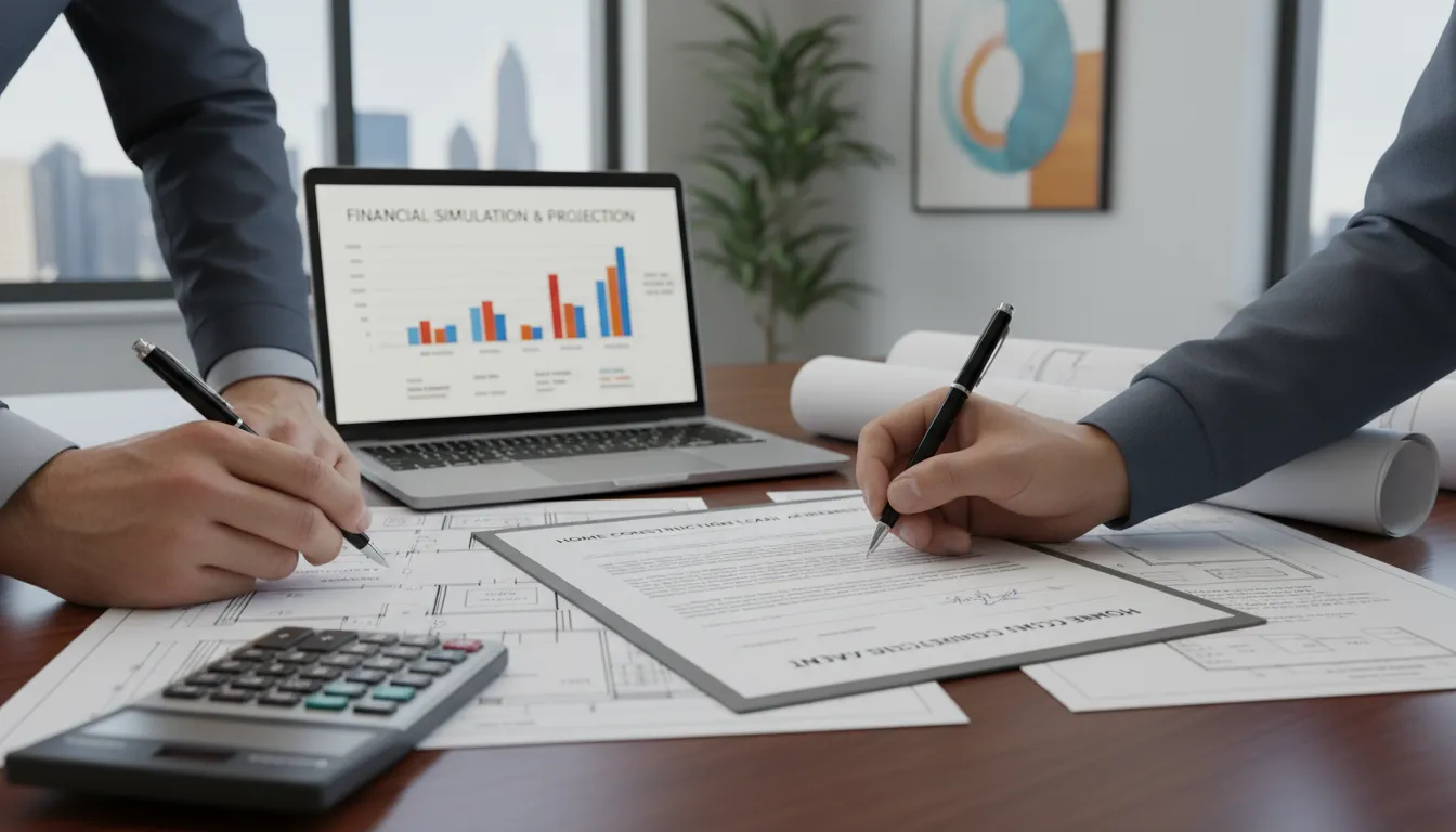 Assinatura de contrato de financiamento para construção residencial com plantas, simulador financeiro e ambiente profissional