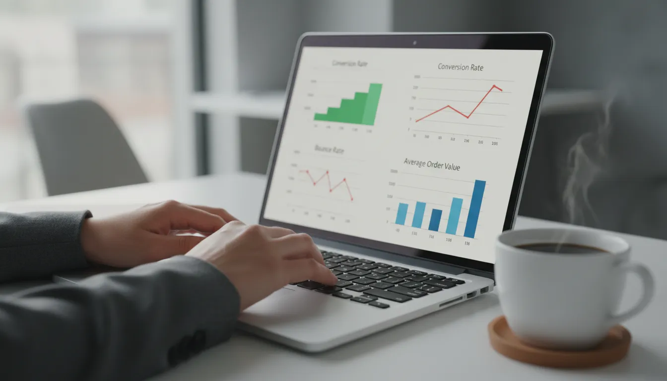 Primer plano de un consultor trabajando en un análisis de KPIs de ecommerce, ilustrando la precisión necesaria en la consultoría para ecommerce.