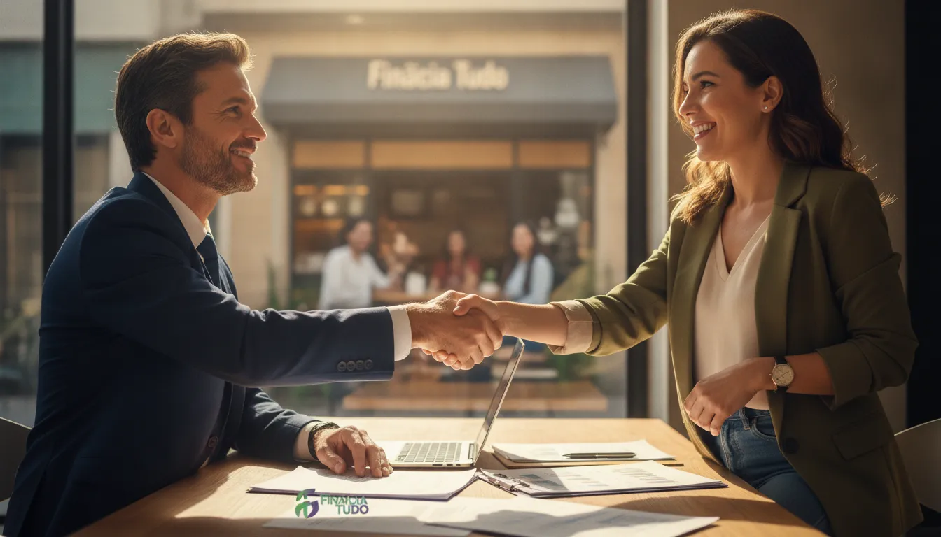 Parceria de sucesso: consultor e empresária celebram indicação de crédito para consultoria empresarial.