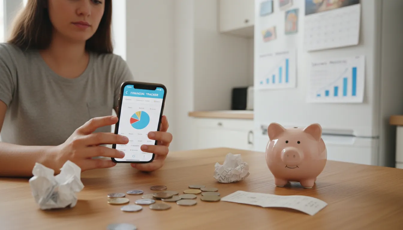 Jovem gerenciando orçamento no celular, com cofrinho, moedas e anotações financeiras ao redor.