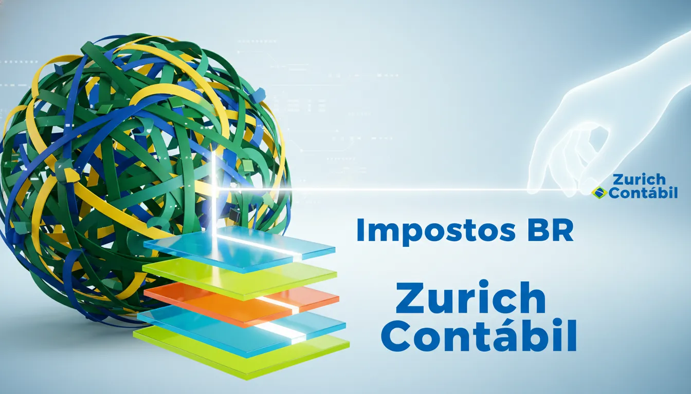 Uma ilustração digital mostrando como a Zurich Contábil simplifica a complexidade dos impostos para diferentes tipos de empresa no brasil.