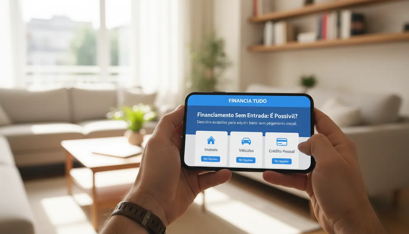 Usuário navegando no app da Financia Tudo para encontrar opções de financiamento de veículo sem entrada, com interface amigável e informações claras.