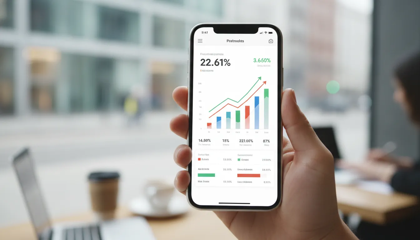 Mão segurando smartphone com app financeiro, simbolizando acesso fácil a afiliados financeiros para iniciantes.