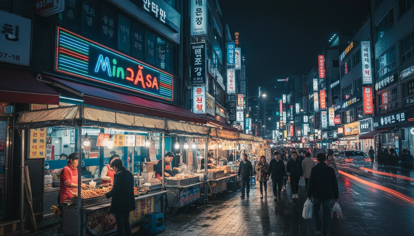 Visão panorâmica noturna de myeongdong, com a marca MinÁsia iluminada, capturando a energia vibrante do local.