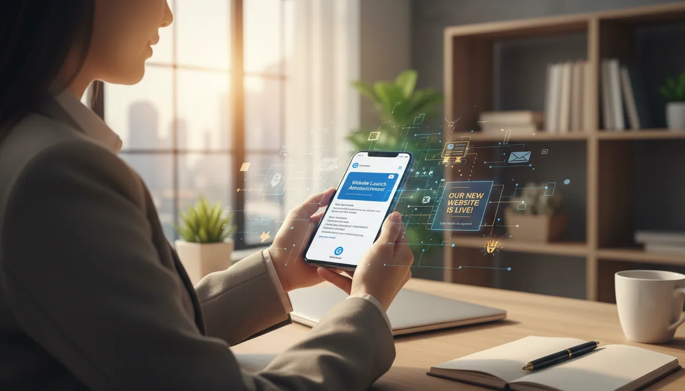 Copy Pronta para Anunciar a Inauguração do Novo Site da Empresa 2 Pessoa anunciando lançamento de site por e-mail e redes sociais usando smartphone em ambiente de trabalho aconchegante.
