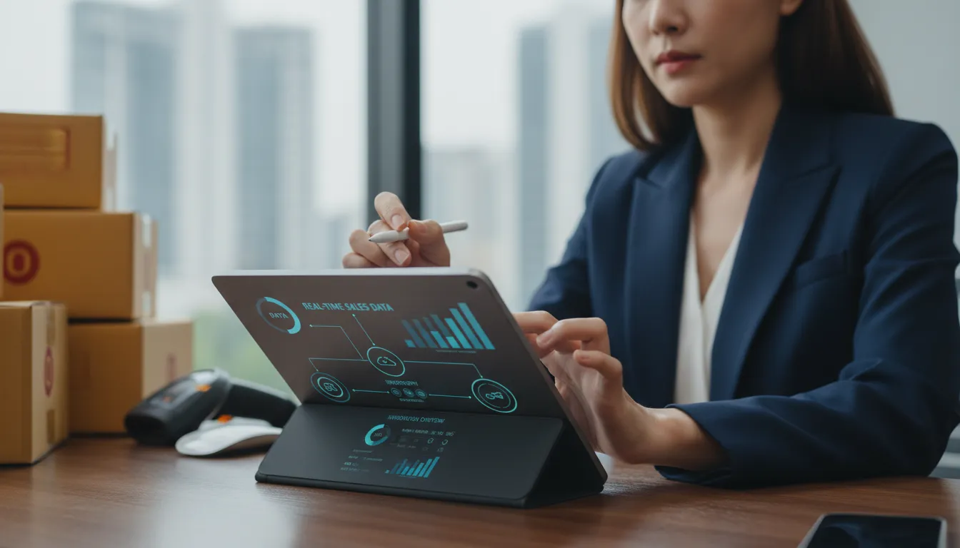 Gestor analisando dados de vendas e estoque via ERP em tablet, com integração em nuvem e caixas de envio ao fundo.