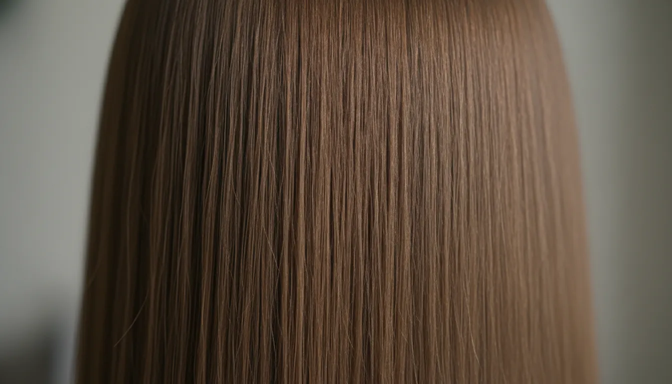 Close-up de cabelo liso natural, super brilhante e alinhado, sem frizz, destacando saúde dos fios.