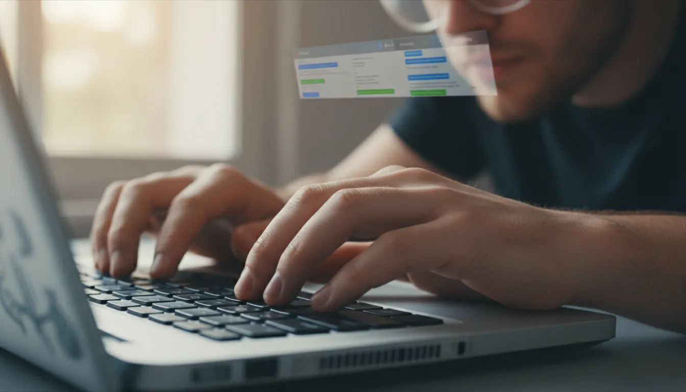 Um close das mãos de uma pessoa digitando em um teclado, com páginas de resultados de mecanismos de busca (SERPs) refletidas em seus óculos, seo palavras chave.