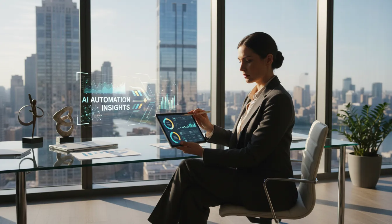 Executivo financeiro analisando relatório gerado por IA, possibilitando a automação complexa de finanças para decisões estratégicas.