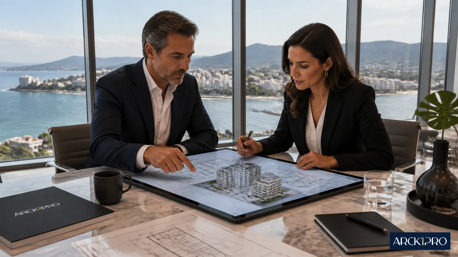 Investidores analisando viabilidade de branded residences de alto padrão no litoral.