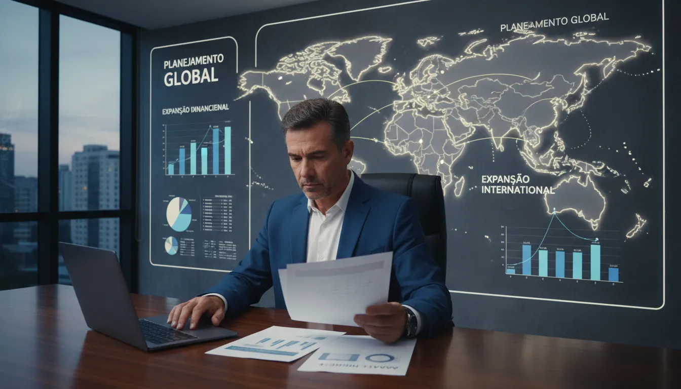 Empresário brasileiro trabalhando com documentos e gráficos, simbolizando estratégia de empresa offshore.