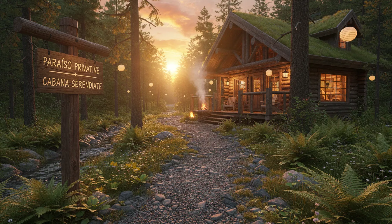 Trilha na floresta conduzindo a uma cabana de luxo privativa ao entardecer, integrada à natureza.
