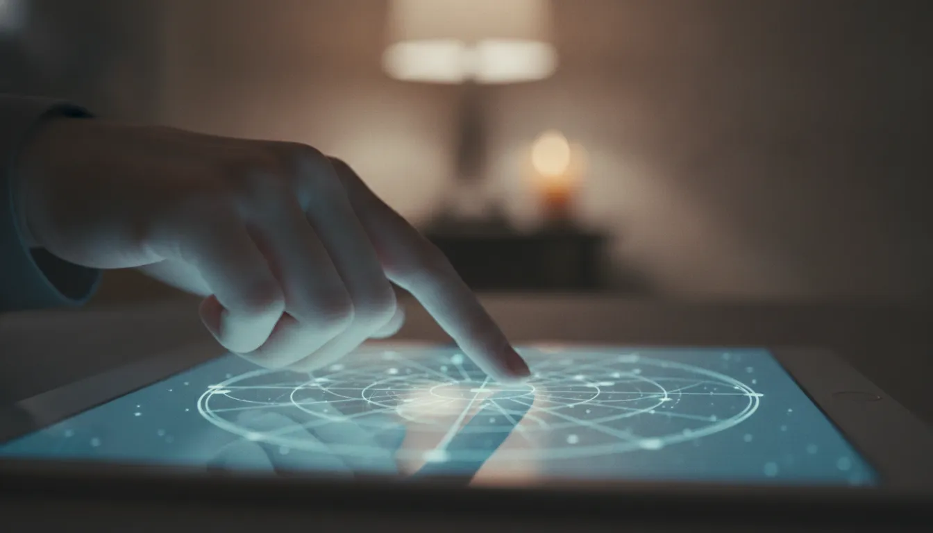 Mão explora tela tablet com padrões de numerologia online, buscando significado em coincidências e destino.