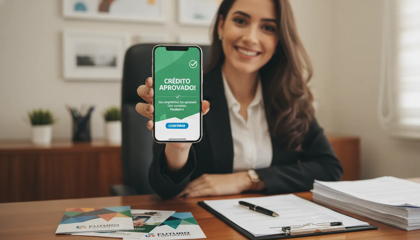 Afiliada celebrando indicação bem-sucedida com celular exibindo aprovação de crédito e materiais financeiros ao redor.