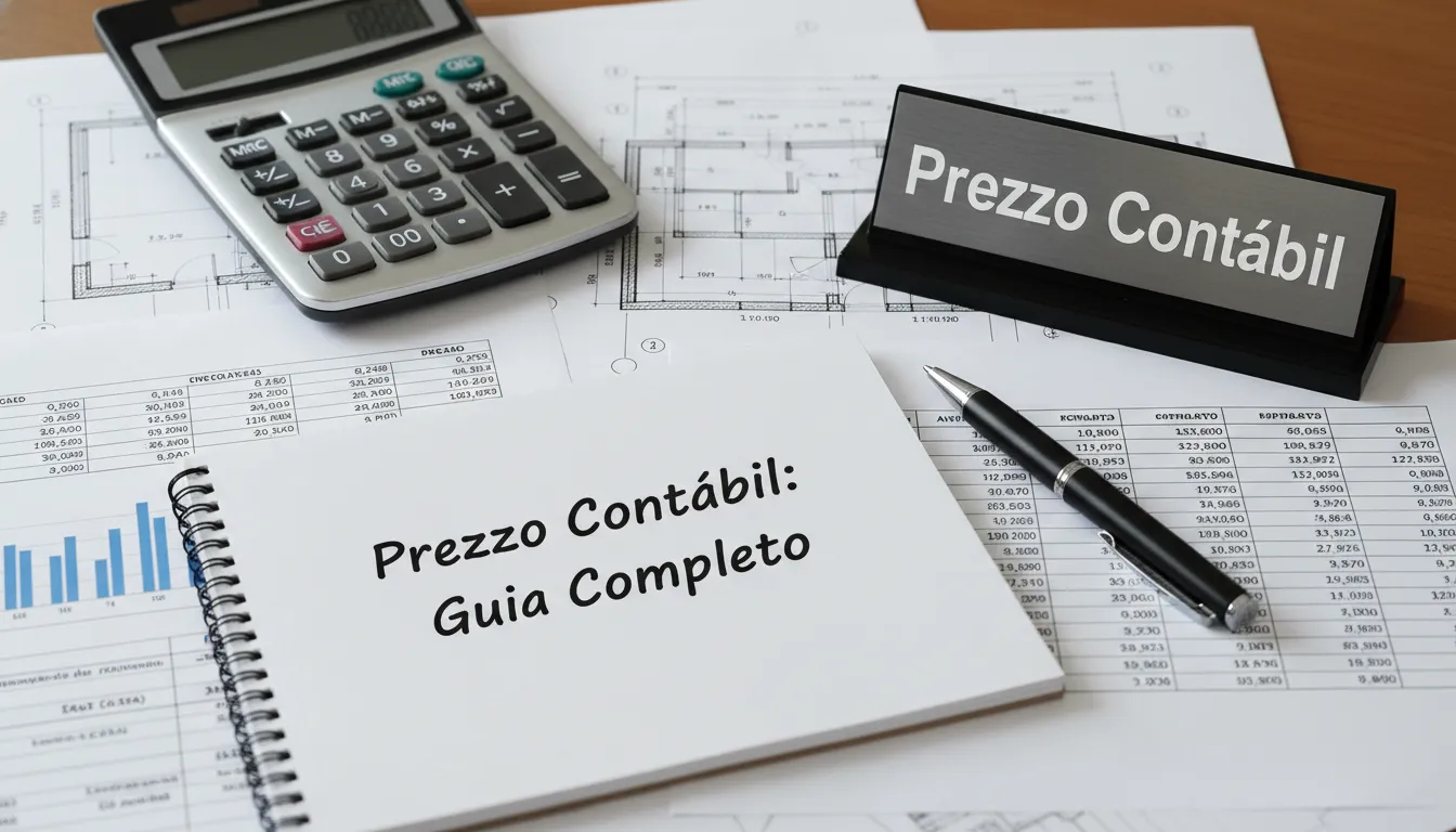 Detalhe de plantas e documentos financeiros em uma mesa, com a frase 'Prezzo Contábil: Guia Completo'. Representa a contabilidade especializada em construção civil e planejamento financeiro.