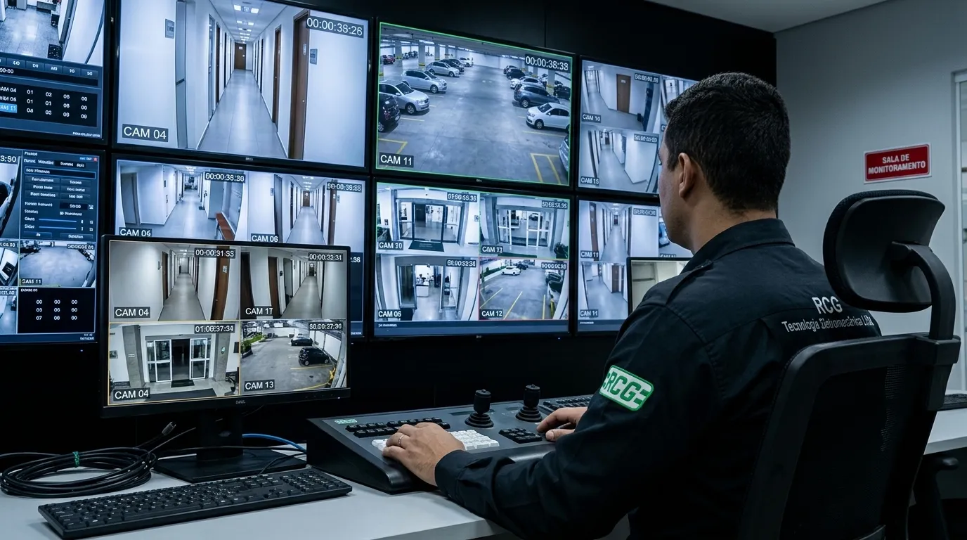 Central de monitoramento operando modernos sistemas de vigilância com câmeras de alta definição.