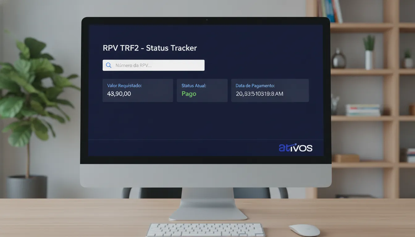 Dashboard digital com status RPV TRF2. Facilidade e segurança ao consultar pagamentos.