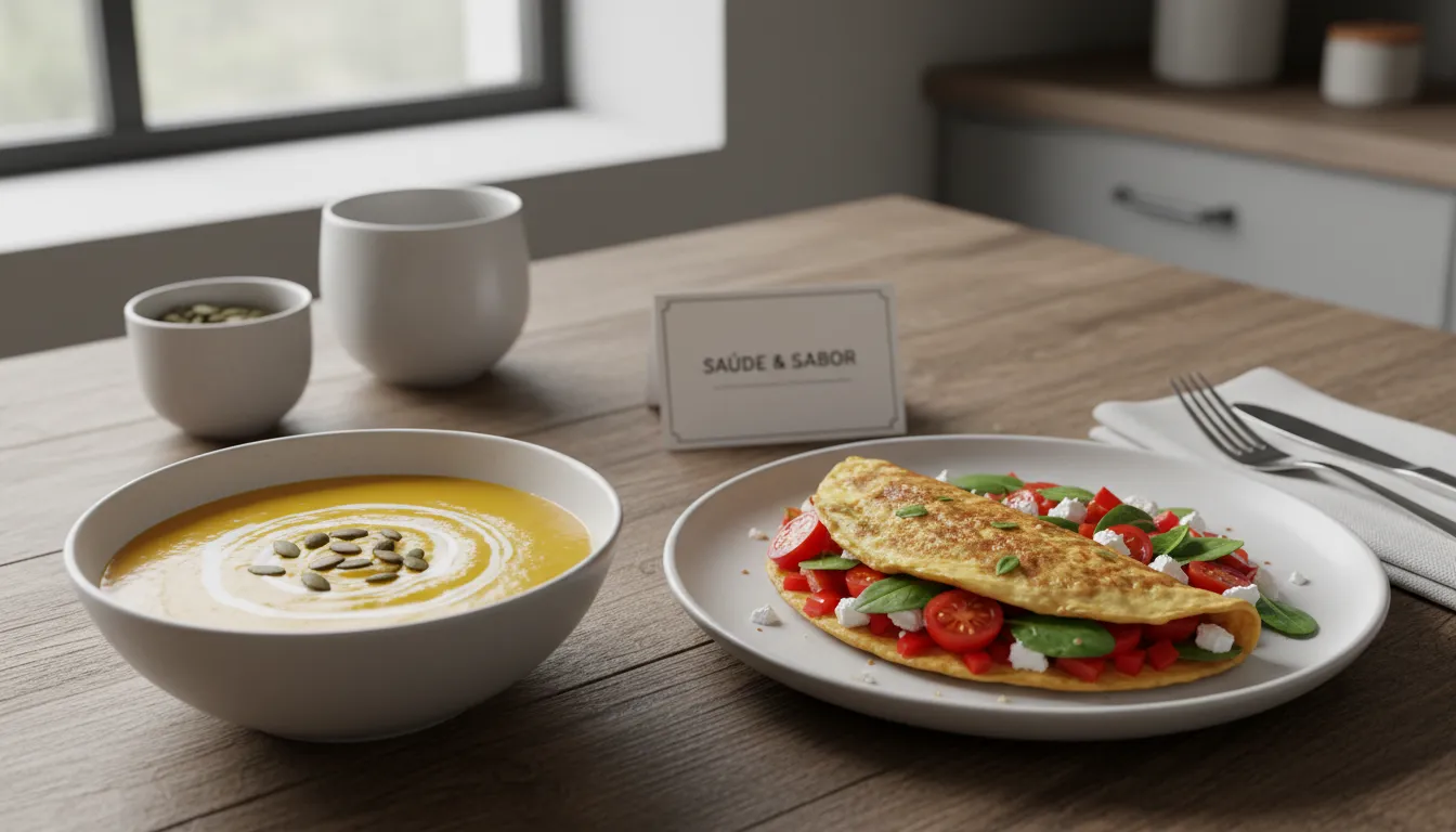 Sopa de abóbora e omelete nutritivo prontos para o jantar leve e saudável.