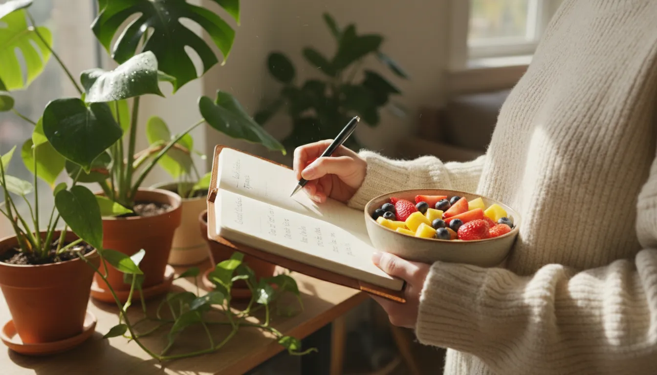 Pessoa escrevendo em diário perto de uma tigela de frutas, com plantas ao fundo e luz natural, sugerindo autocuidado.
