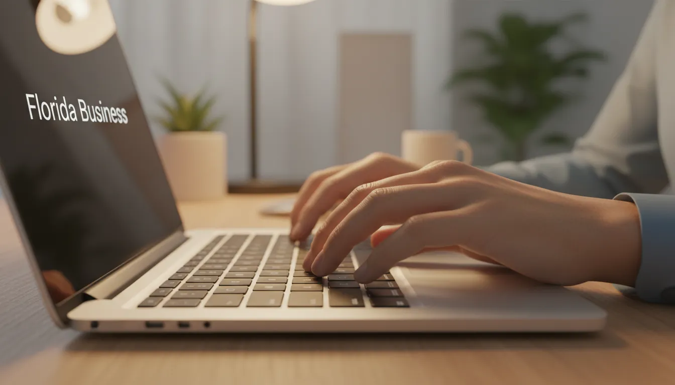 Close-up of hands typing, representing bookkeeping for small business in Florida. Focus on detail and professionalism in financial tasks.