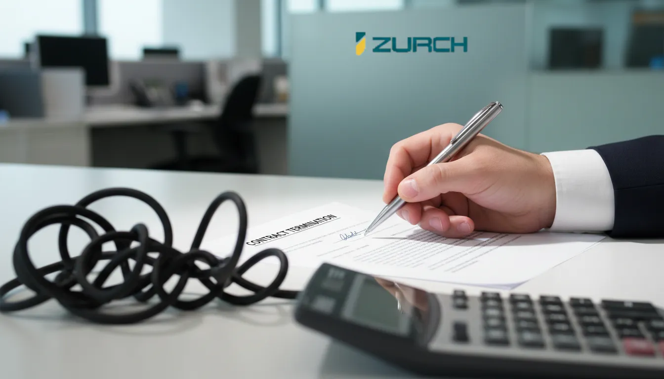 Close-up de uma mão assinando um documento de rescisão de contrato, com uma calculadora em primeiro plano aludindo aos cálculos financeiros envolvidos.