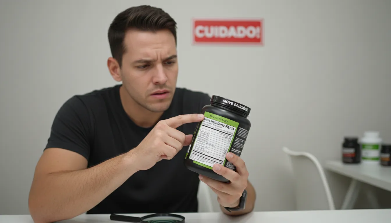 Pessoa lendo rótulo de suplemento pré-treino com lupa e expressão preocupada. Entenda se pré-treino faz mal e quais cuidados tomar, no Move Saudável.