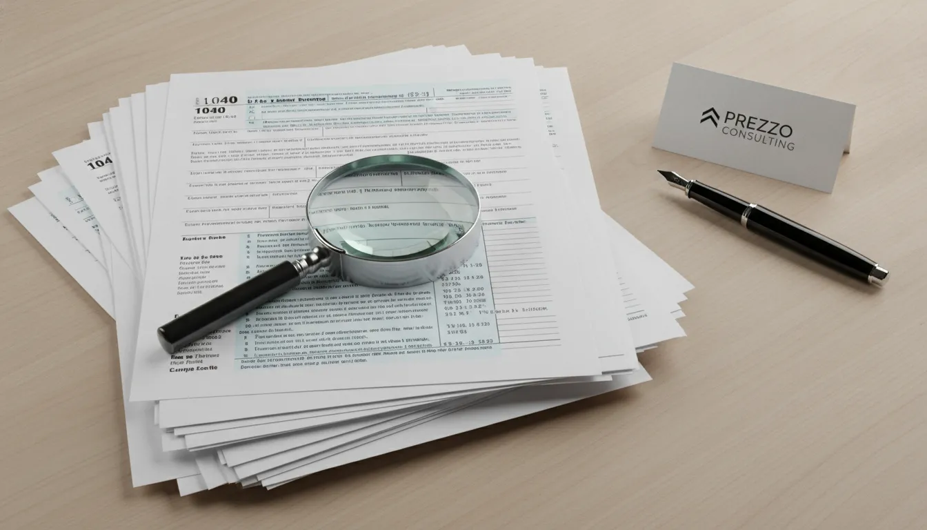 Documentos tributários, lupa, cartão Prezzo. Detalhes em l1 visa taxes e tn visa taxes, precisão fiscal.