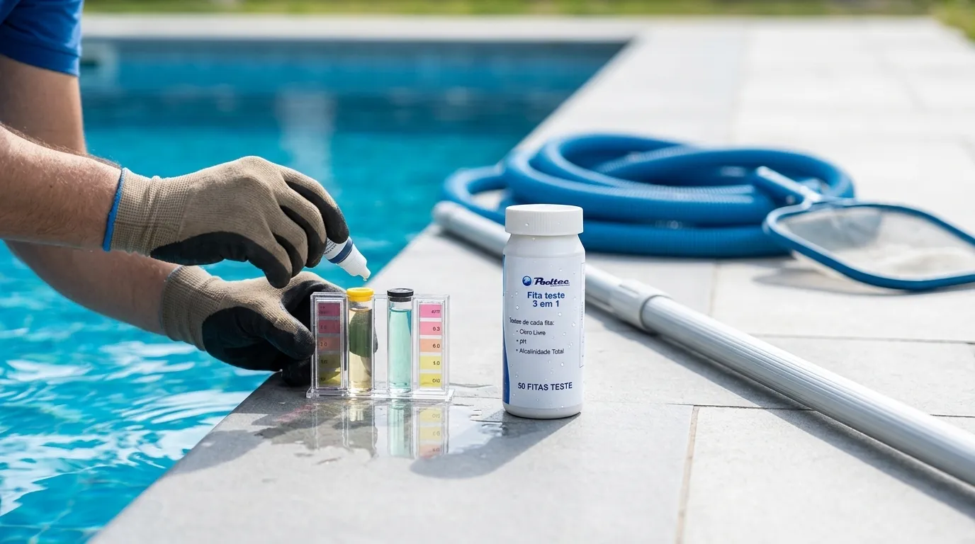 Teste de água e cuidados na manutenção piscina semanal para controle de parâmetros pela Equibombas.