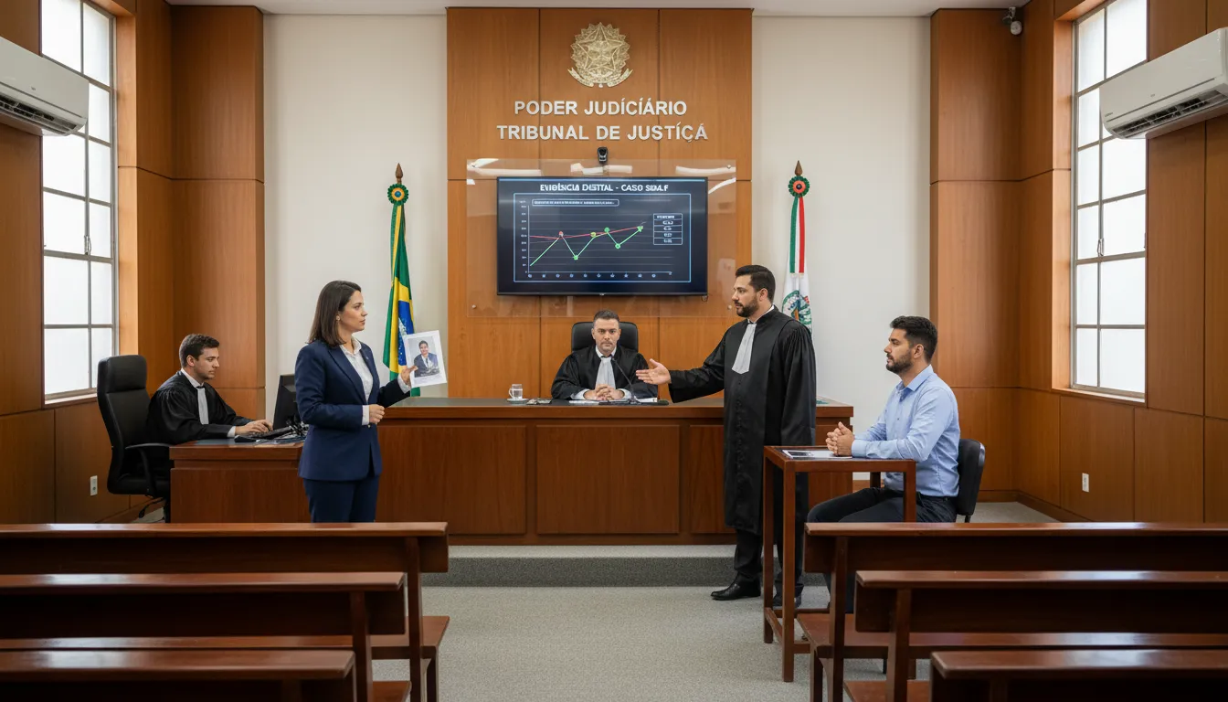 Cidadão apresenta provas diante do juiz e advogados em tribunal brasileiro, ilustrando processo de defesa da honra.