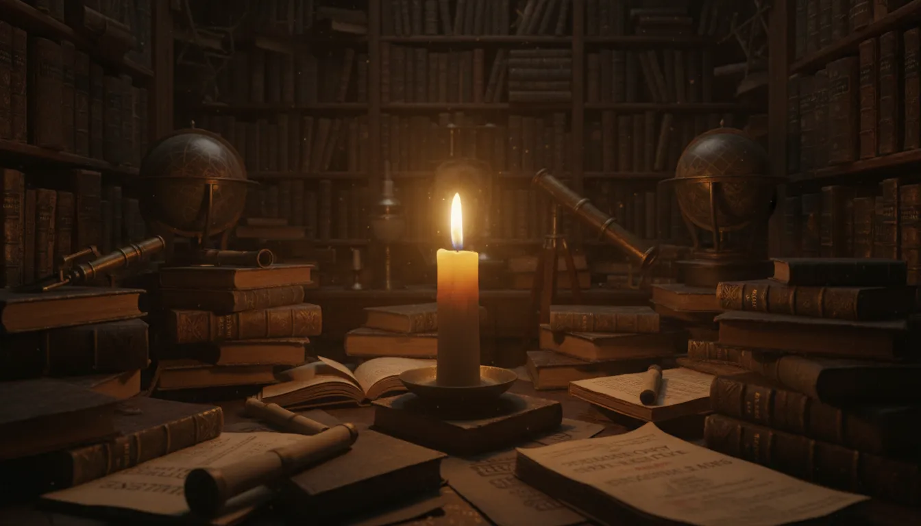 Vela acesa iluminando livros de numerologia e astrologia, representando o conhecimento e a busca pelo propósito de vida através dos números.