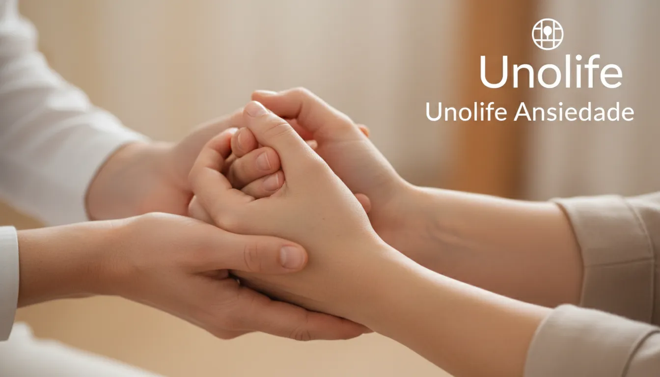 Mãos em close-up durante uma sessão de terapia, representando apoio e conforto para o tratamento do transtorno de ansiedade generalizada, com a marca Unolife.