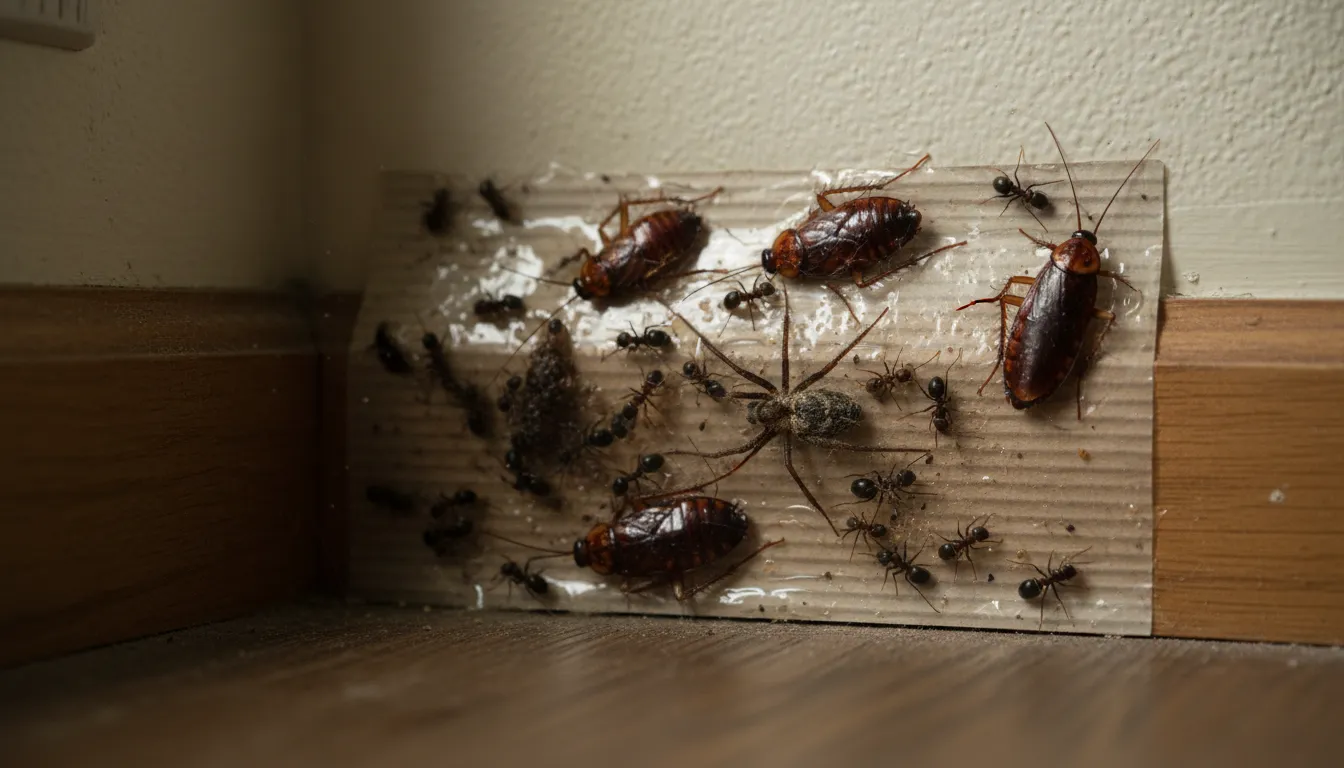 Armadilha adesiva capturando insetos: Solução eficaz para dedetização e controle de pragas domésticas, mantendo o ambiente limpo.