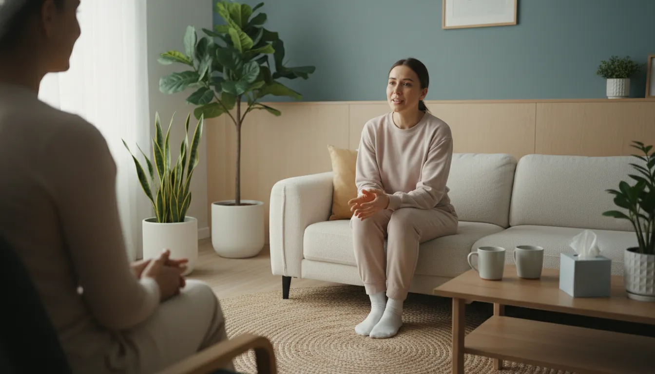 Pessoa conversando com terapeuta em ambiente acolhedor, buscando ajuda para o luto.