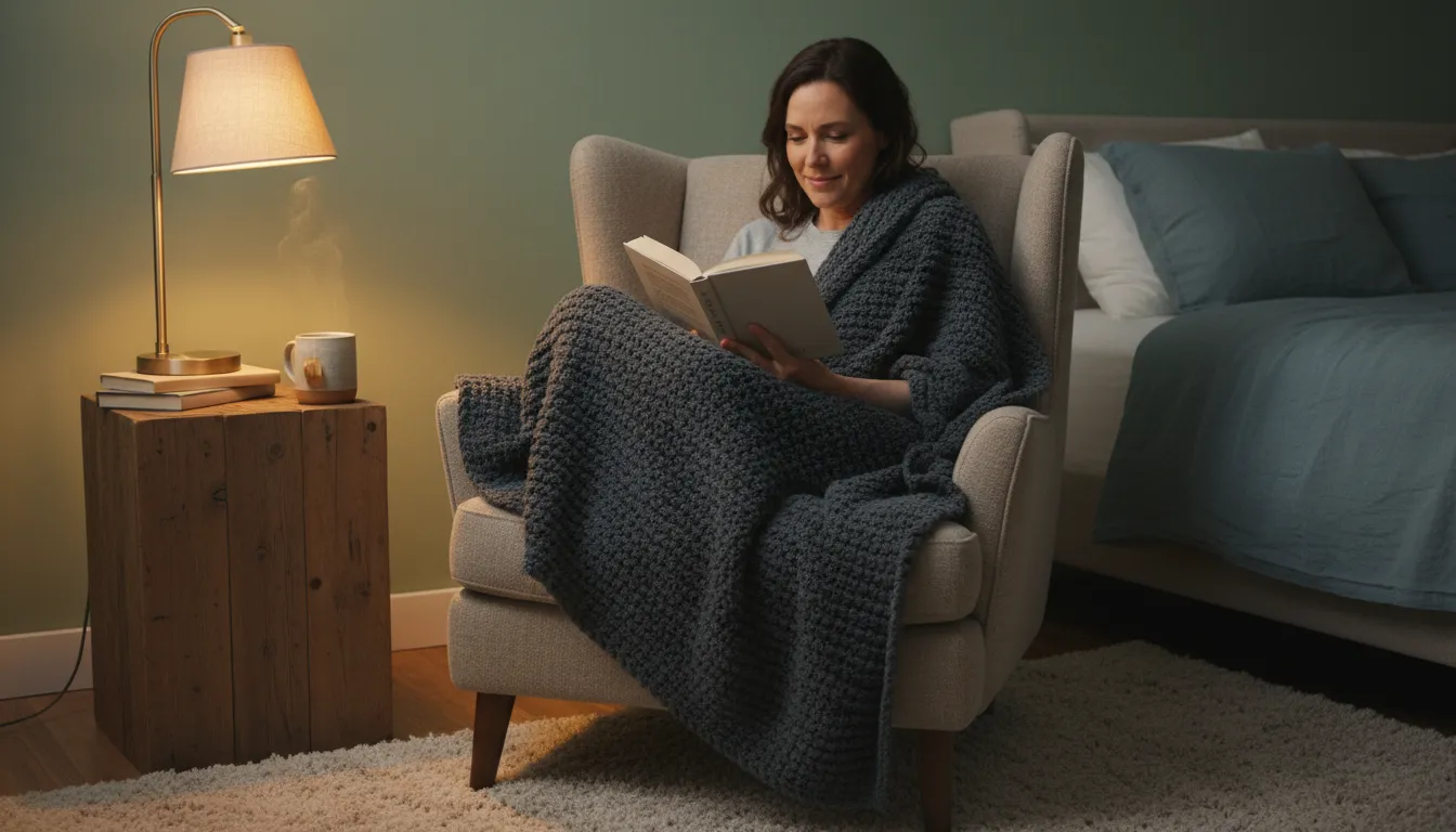 Uma pessoa relaxando lendo um livro à noite, um exemplo de como aliviar a ansiedade e promover o descanso.
