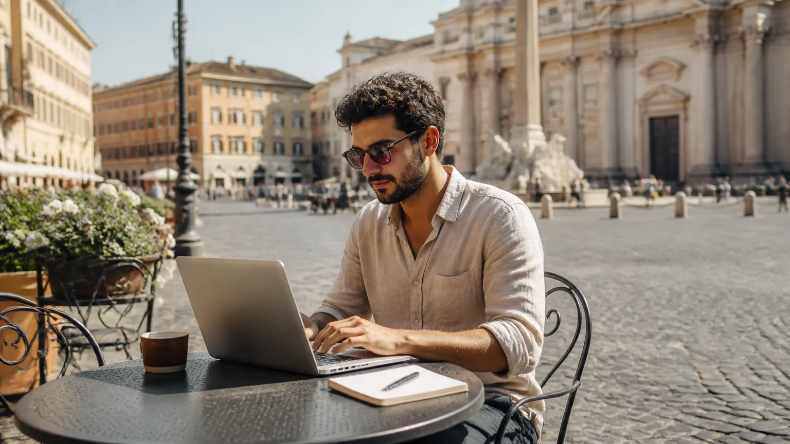Pessoa em home office itinerante Italia trabalhando em café charmoso numa praça histórica.